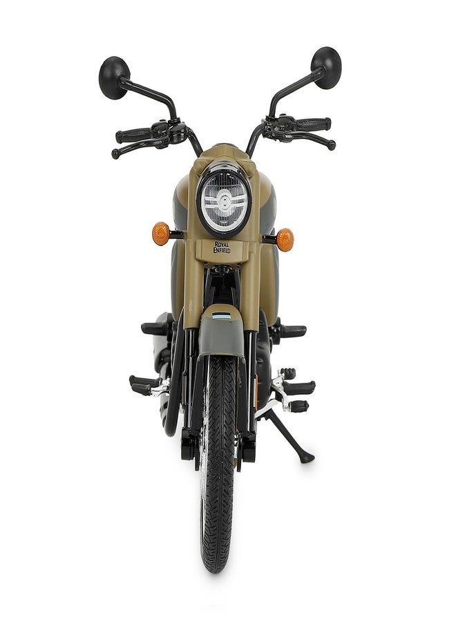 Royal Enfield دراجة رويال إنفيلد نيو كلاسيك 350 نموذج مصغر | 1:12 | مرايا جانبية | عجلات دوارة بحرية | مقود قابل للتوجيه | نظام تعليق خلفي وحامل جانبي يعملان | لون رملي كوماندو - Image 4